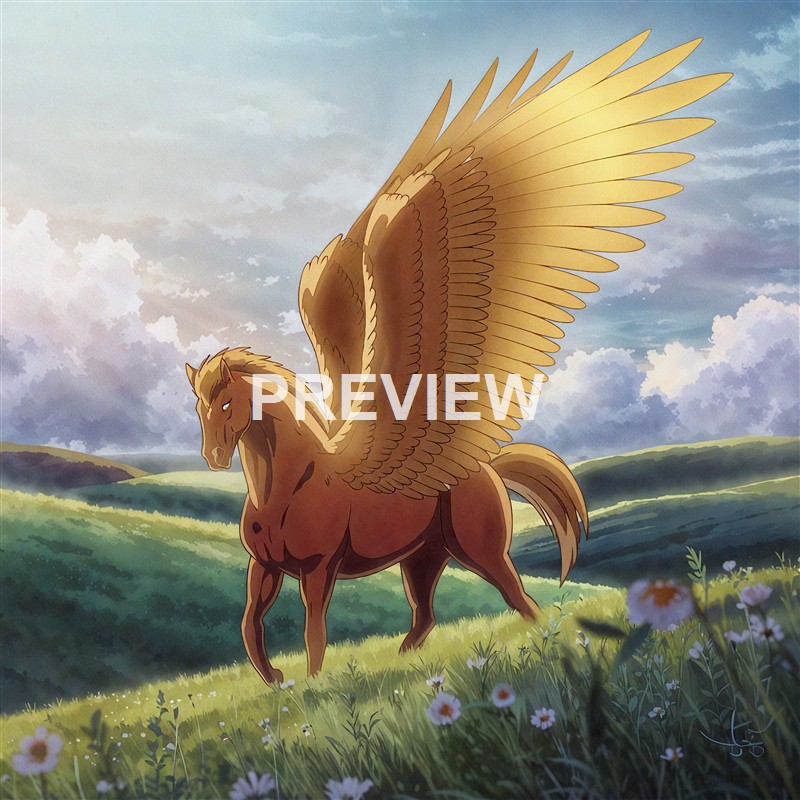 A fantastical creature with the body of a horse and large, golden, feathered wings standing on a grassy hill under a cloudy sky.